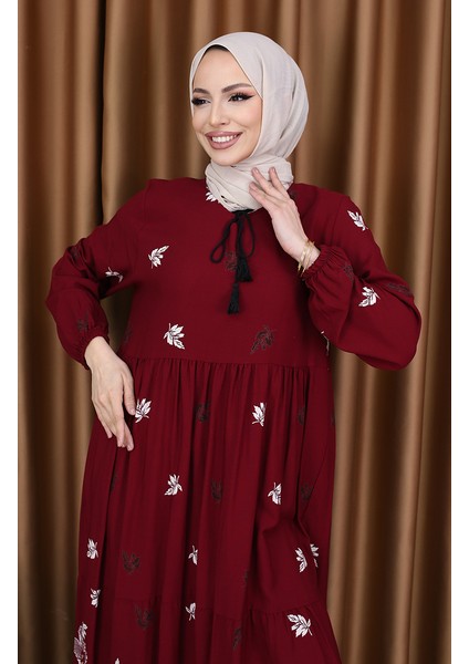Viskon Desenli Elbise 4080-03 Bordo fırsatları