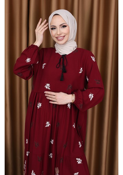 Viskon Desenli Elbise 4080-03 Bordo indirimleri