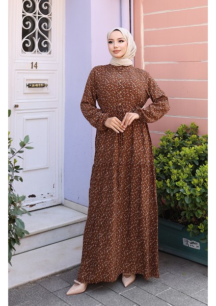 Viskon Kumaş Yarım Düğmeli Desenli Elbise 0043-04 Kahverengi