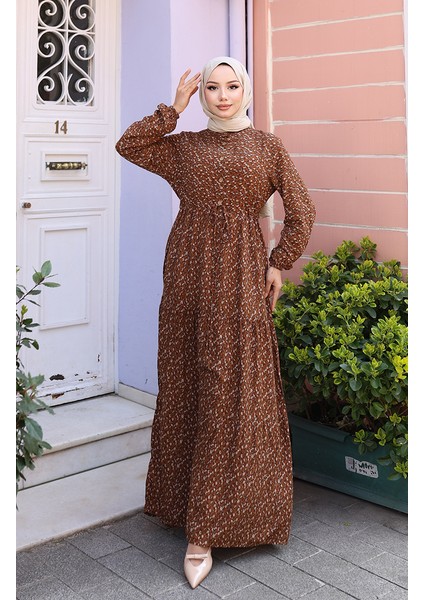Viskon Kumaş Yarım Düğmeli Desenli Elbise 0043-04 Kahverengi fiyatları