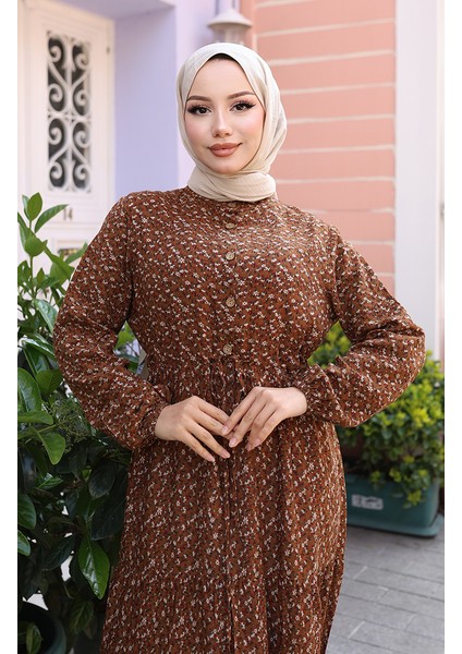 Viskon Kumaş Yarım Düğmeli Desenli Elbise 0043-04 Kahverengi modelleri