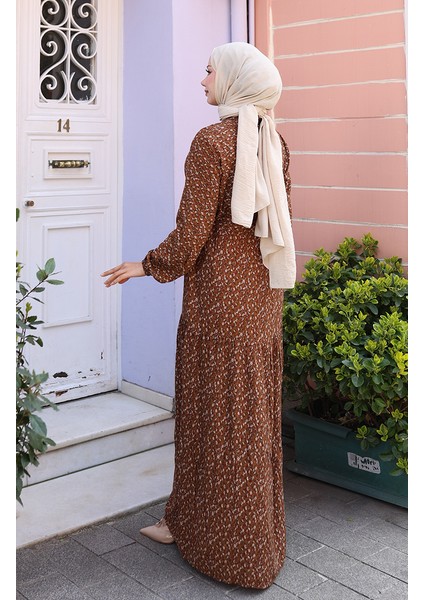 Viskon Kumaş Yarım Düğmeli Desenli Elbise 0043-04 Kahverengi indirimleri