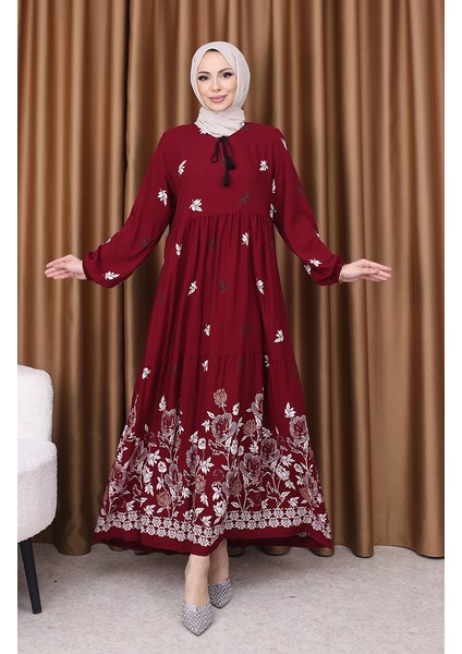 Viskon Desenli Elbise 4080-03 Bordo