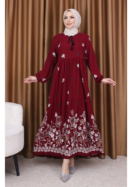 Viskon Desenli Elbise 4080-03 Bordo fiyatları