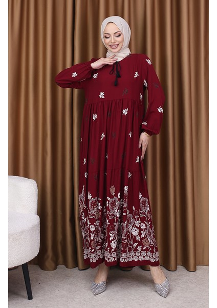 Viskon Desenli Elbise 4080-03 Bordo modelleri