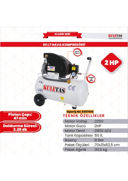 50 Litre Hava Kompresörü 2 Hp
