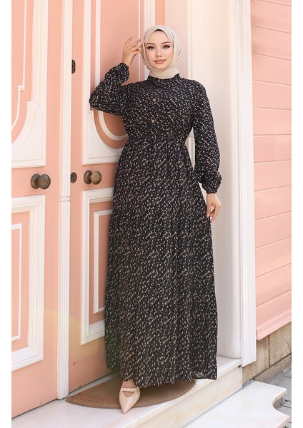 Viskon Kumaş Yarım Düğmeli Desenli Elbise 0043-02 Siyah