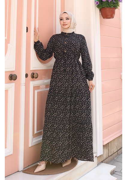 Viskon Kumaş Yarım Düğmeli Desenli Elbise 0043-02 Siyah fiyatları
