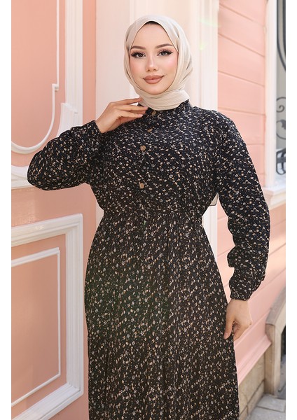 Viskon Kumaş Yarım Düğmeli Desenli Elbise 0043-02 Siyah modelleri