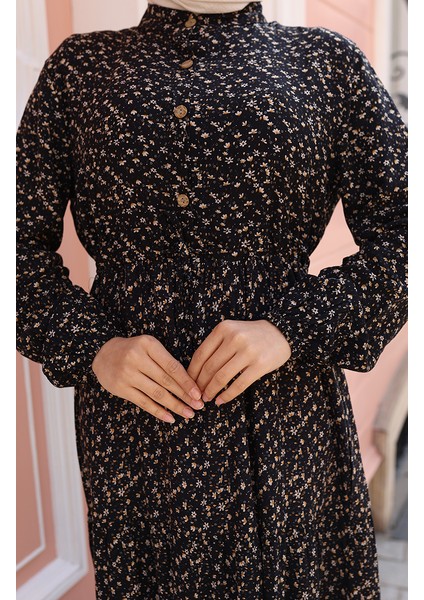 Viskon Kumaş Yarım Düğmeli Desenli Elbise 0043-02 Siyah fırsatları