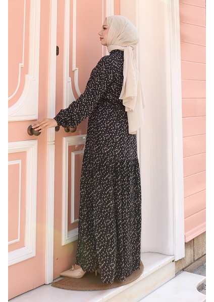 Viskon Kumaş Yarım Düğmeli Desenli Elbise 0043-02 Siyah indirimleri