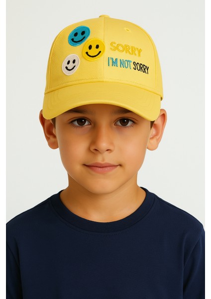 Erkek Çocuk Nakışlı Şapka | Renkli Smiley Baskılı Yazlık Pamuklu Ayarlanabilir Çocuk Şapka 3-7 Yaş