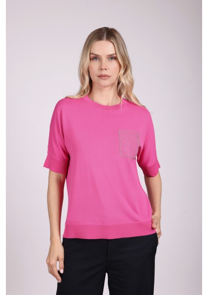 Kadın Bisiklet Yaka Düşük Kollu Süs Cepli Merserize Bluz 2610 Pembe