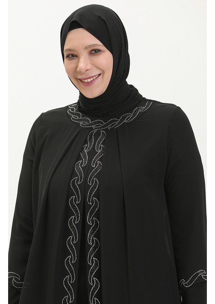 Büyük Beden Taş Baskılı Abiye Elbise 6070-01 Siyah fırsatları