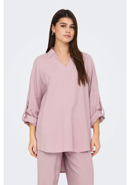 Kadın Onlcaro Önü Kısa Arkası Uzun Keten Tunik 15338898 Pudra fiyatları