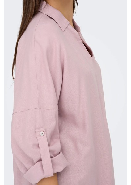 Kadın Onlcaro Önü Kısa Arkası Uzun Keten Tunik 15338898 Pudra modelleri