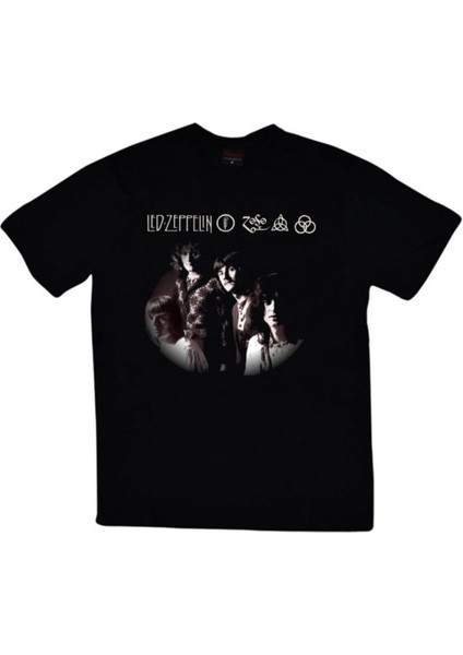 Unisex Siyah LED Zeppelin Baskılı T-Shirt