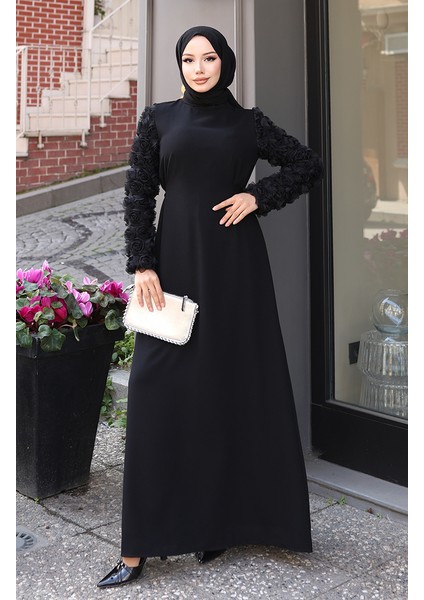 Kolları Gül Detaylı Elbise 81886-01 Siyah