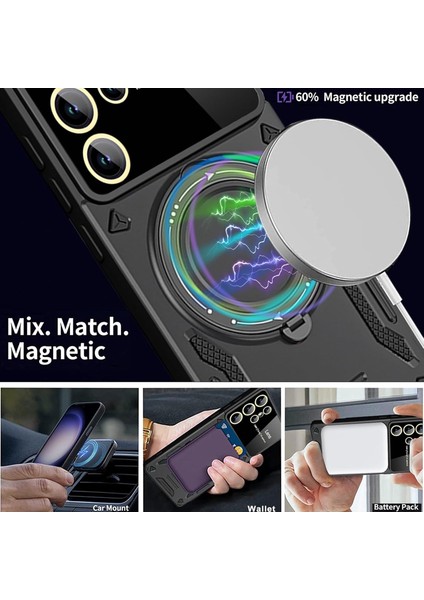 Samsung Galaxy S25 Ultra Kılıf Magsafe Dönebilen Halkalı Standlı Kamera Lens Korumalı Gold Detaylı Military Tank Kapak