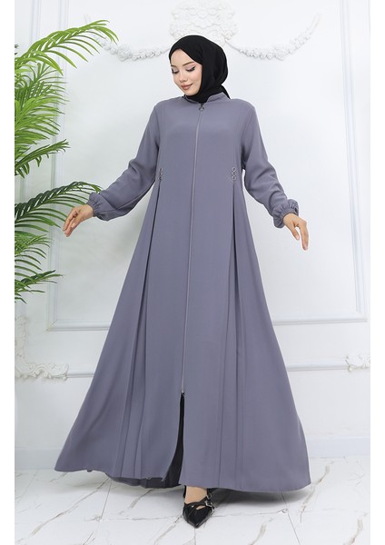 Düğme Detaylı Fermuarlı Ferace 6203-06 Gri