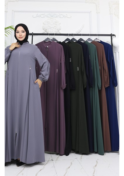 Düğme Detaylı Fermuarlı Ferace 6203-06 Gri modelleri