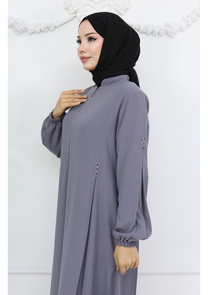 Düğme Detaylı Fermuarlı Ferace 6203-06 Gri fırsatları