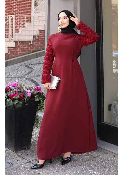 Kolları Gül Detaylı Elbise 81886-02 Bordo
