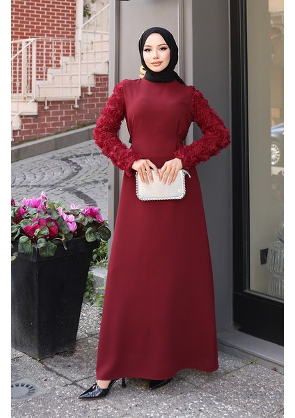 Kolları Gül Detaylı Elbise 81886-02 Bordo fiyatları