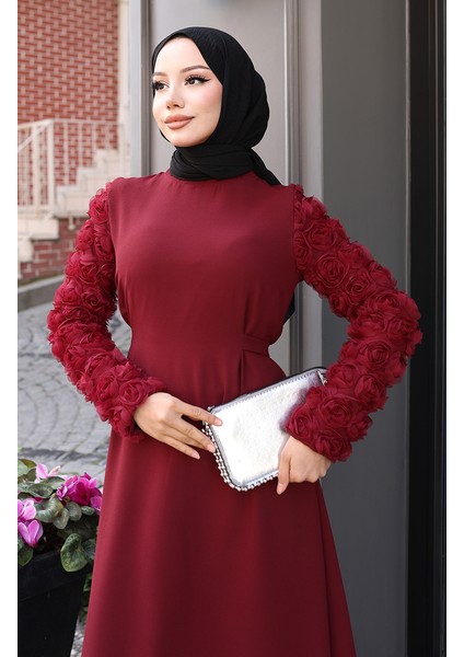 Kolları Gül Detaylı Elbise 81886-02 Bordo modelleri