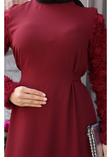 Kolları Gül Detaylı Elbise 81886-02 Bordo fırsatları