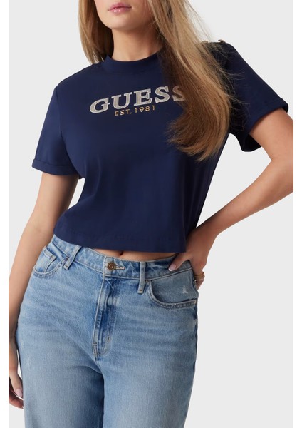 Cn Ss Logolu Pamuklu Düğme Detaylı Boxy Fit Sıfır Yaka Cropped T Shirt W5GI15K8FQ4 Bayan T Shirt W5GI15 K8FQ4 G7P1