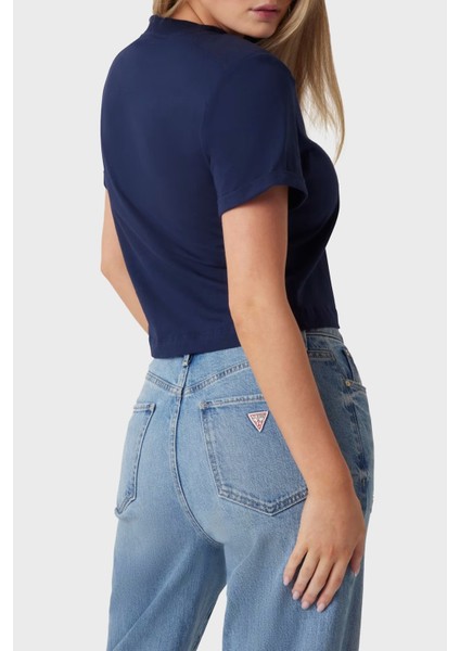 Cn Ss Logolu Pamuklu Düğme Detaylı Boxy Fit Sıfır Yaka Cropped T Shirt W5GI15K8FQ4 Bayan T Shirt W5GI15 K8FQ4 G7P1