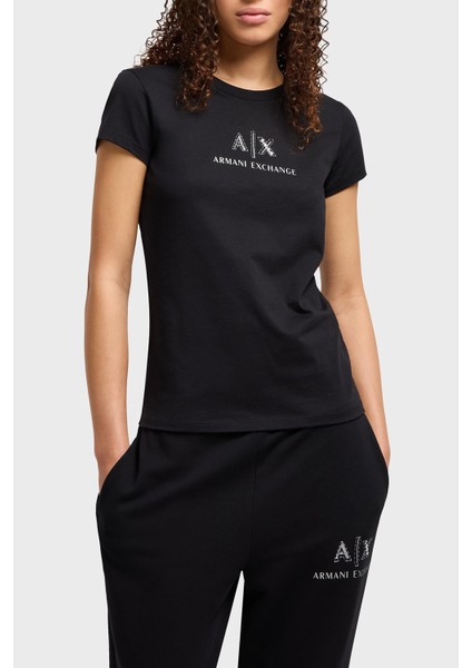 Armani Exchage Taşlı Pamuk Slim Fit Bisiklet Yaka T Shirt Bayan T Shirt XW000386 AF10354 UC001