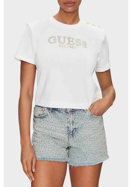 Cn Ss Logolu Pamuklu Düğme Detaylı Boxy Fit Sıfır Yaka Cropped T Shirt W5GI15K8FQ4 Bayan T Shirt W5GI15 K8FQ4 G011