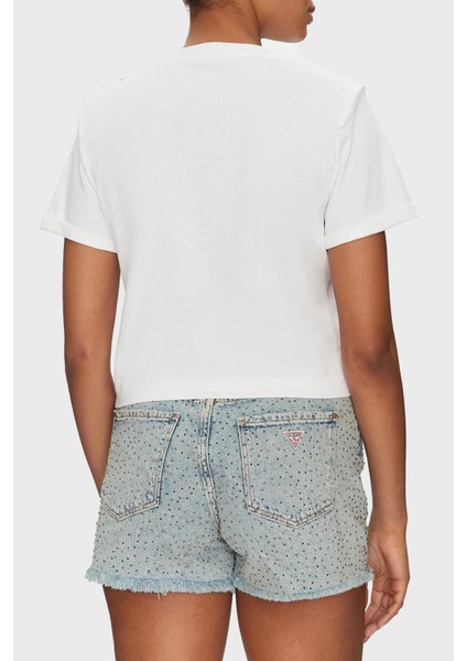 Cn Ss Logolu Pamuklu Düğme Detaylı Boxy Fit Sıfır Yaka Cropped T Shirt W5GI15K8FQ4 Bayan T Shirt W5GI15 K8FQ4 G011
