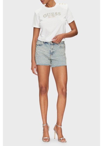 Cn Ss Logolu Pamuklu Düğme Detaylı Boxy Fit Sıfır Yaka Cropped T Shirt W5GI15K8FQ4 Bayan T Shirt W5GI15 K8FQ4 G011