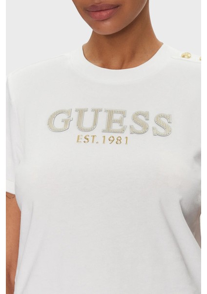 Cn Ss Logolu Pamuklu Düğme Detaylı Boxy Fit Sıfır Yaka Cropped T Shirt W5GI15K8FQ4 Bayan T Shirt W5GI15 K8FQ4 G011