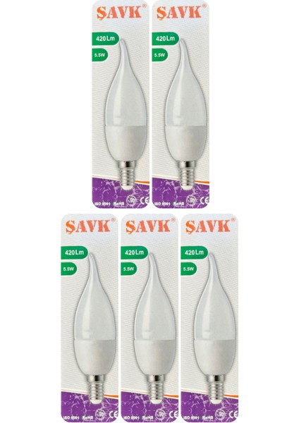 (5 adet) Şavk 5,5W (37W) Beyaz Işık (6500K) E14 DUYLU (Ince Duy) LED Kıvrık Ampul