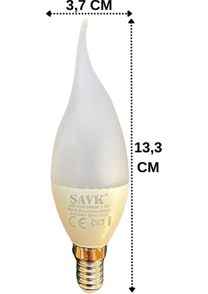 (5 adet) Şavk 5,5W (37W) Beyaz Işık (6500K) E14 DUYLU (Ince Duy) LED Kıvrık Ampul modelleri