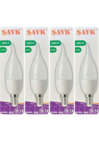 (4 adet) Şavk 5,5W (37W) Beyaz Işık (6500K) E14 DUYLU (Ince Duy) LED Kıvrık Ampul