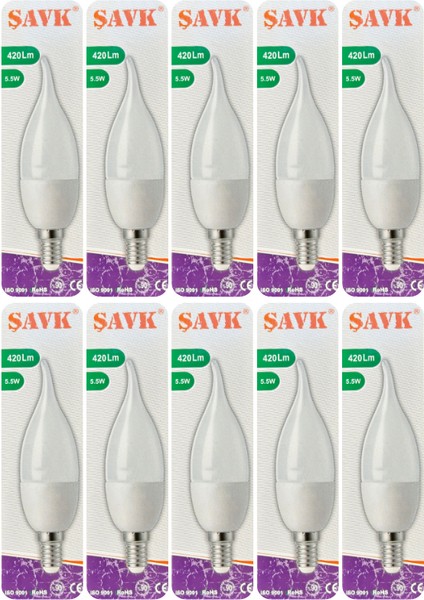 (10 adet) Şavk 5,5W (37W) Beyaz Işık (6500K) E14 DUYLU (Ince Duy) LED Kıvrık Ampul