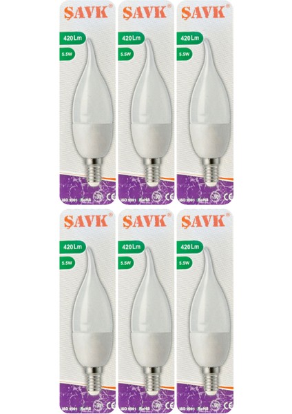 (6 adet) Şavk 5,5W (37W) Beyaz Işık (6500K) E14 DUYLU (Ince Duy) LED Kıvrık Ampul