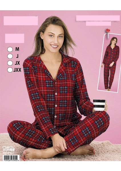 Ekose Kırmızı Renk Düğmeli Milan Kumaş Uzun Kol 2 Li Pijama Takım