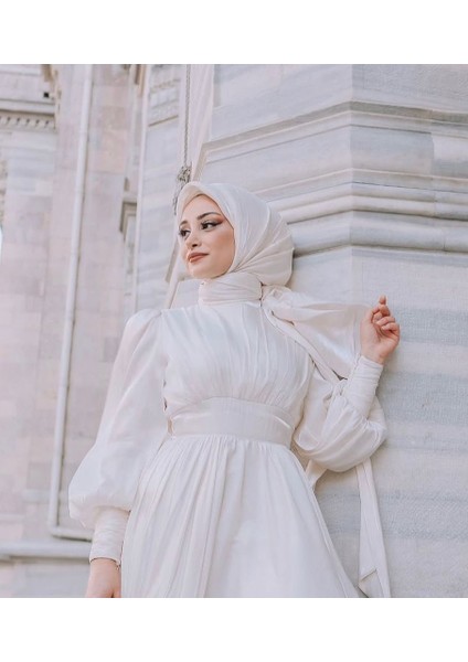 Laidee Orkide Kısa Manşet Nikah Elbisesi, Sade Gelinlik, Tesettür Gelinlik, Ekru Renk Abiye modelleri