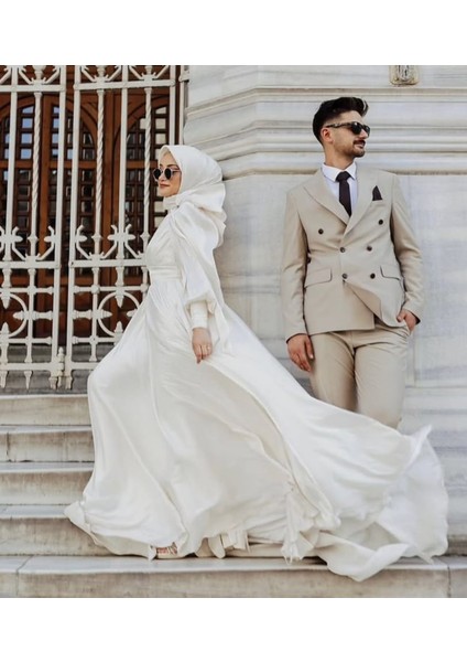 Laidee Orkide Kısa Manşet Nikah Elbisesi, Sade Gelinlik, Tesettür Gelinlik, Ekru Renk Abiye fırsatları
