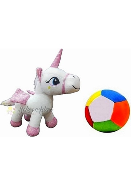 Peluş Beyaz Unicorn Pony At 20 cm ve Peluş Top 12 cm - 2 Ürün 1 Arada Oyuncak