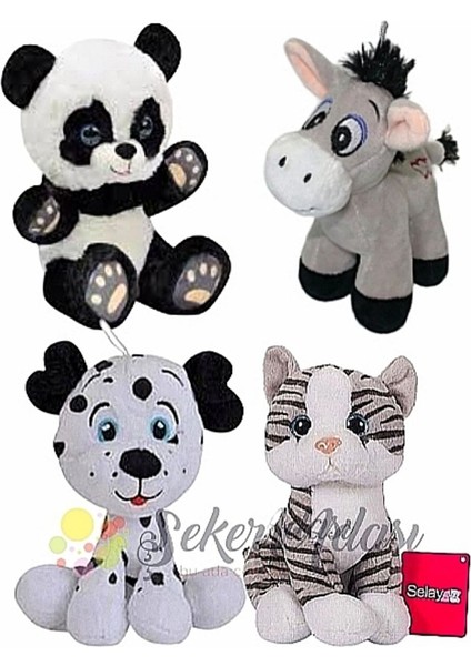 Küçük Peluş Çizgili Kedi- Dalmaçyalı Köpek- Panda Ayı- Eşek 15 cm Dörtlü Peluş Oyuncak
