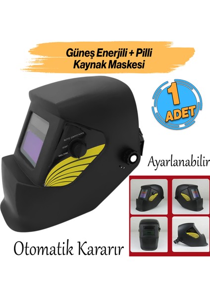 Güneş Enerjili Pilli Otomatik Kararan Baş Maskesi Siperlik Kartuşlu Kaynak Gözlüğü Ayarlanabilir