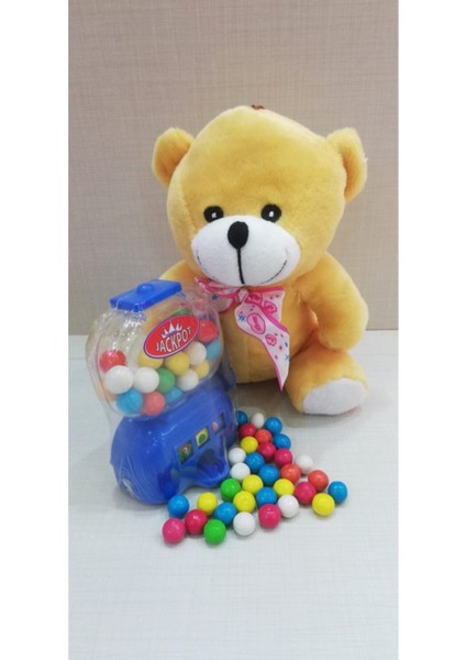 2 Si 1 Arada / Sevimli Ayı 20 cm ve Mavi Jackpot Sakız Makinası