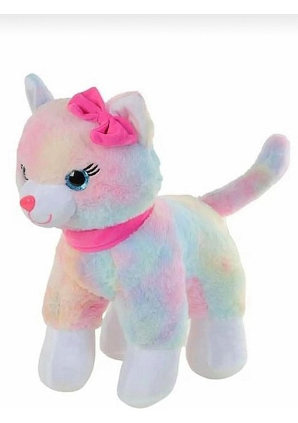 Sevimli Pembe Tokalı Peluş Kedi Uyku ve Oyun Arkadaşı Oyuncak Renkli Gökkuşağı